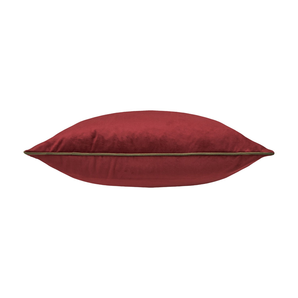 Meridian Plain Velvet Cushion in dark red velvet with a fir green piped trim edging the seam, shown side-on against a plain white background.