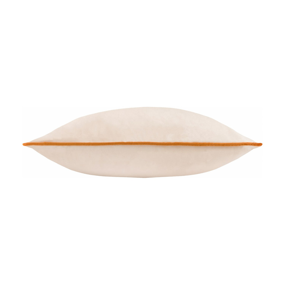 Meridian Plain Velvet Cushion in ecru with contrasting ginger piped edge trim, shown lying flat on a plain white background.