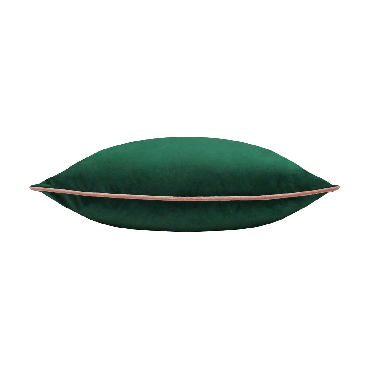 Meridian velvet cushion in emerald green, shown side-on with a blush pink piped edge trim, plain fabric front and reverse, on a white background.