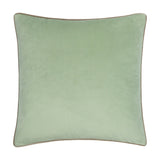 Meridian Plain Velvet Cushion in eucalyptus green with contrasting mocha piped trim, square shape, soft-touch velvet finish, shown on a plain white background.