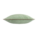 Meridian Plain Velvet Cushion in eucalyptus green with contrasting mocha piped trim, shown edge-on against a plain white background.