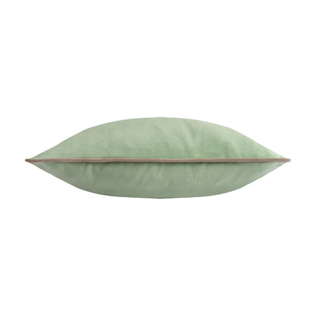 Meridian Plain Velvet Cushion in eucalyptus green with contrasting mocha piped trim, shown edge-on against a plain white background.