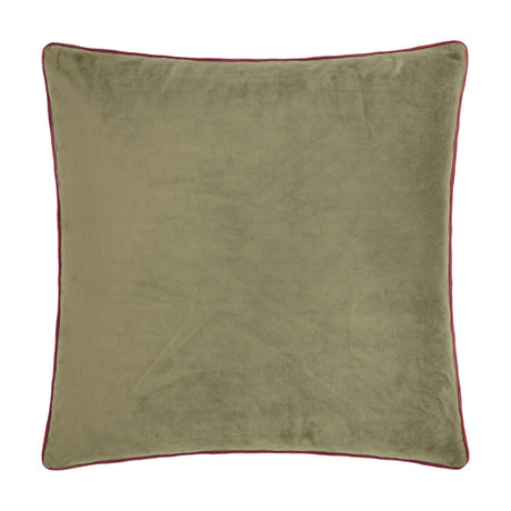 Meridian Plain Velvet Cushion in fir green with contrasting dark red piped trim around the edge, shown square on a plain white background.