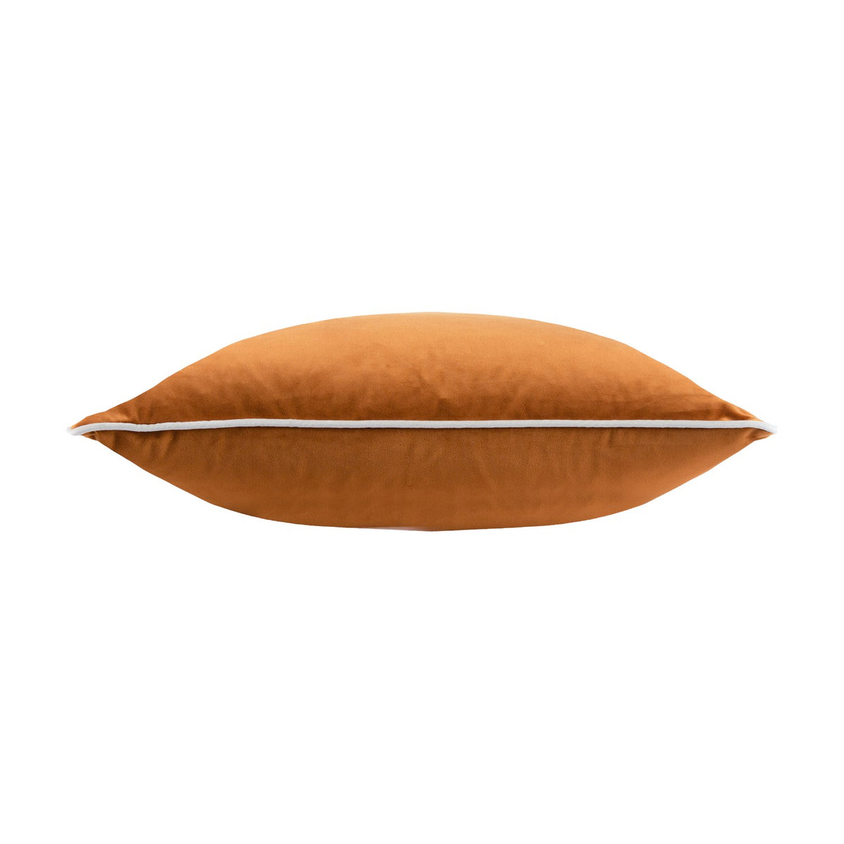 Meridian Plain Velvet Cushion in ginger with contrasting ecru piped edge, shown side-on to reveal its plump, square shape against a plain white background.