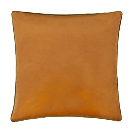 Meridian Plain Velvet Cushion in ginger with contrasting olive piped trim around all four edges, square shape, shown on a plain white background.