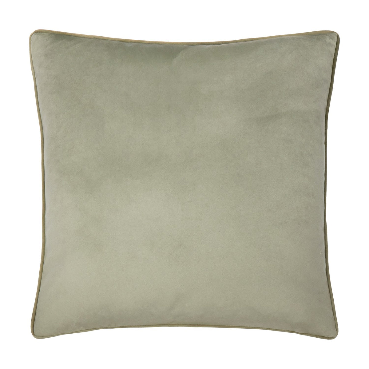 Meridian Plain Velvet Cushion in sage green, a square velvet cushion with contrasting golden piped trim around the edge, shown on a plain white background.