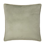 Meridian Plain Velvet Cushion in sage green, a square velvet cushion with contrasting golden piped trim around the edge, shown on a plain white background.