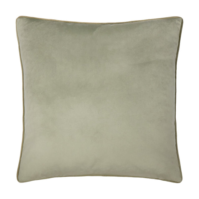 Meridian Plain Velvet Cushion in sage green, a square velvet cushion with contrasting golden piped trim around the edge, shown on a plain white background.
