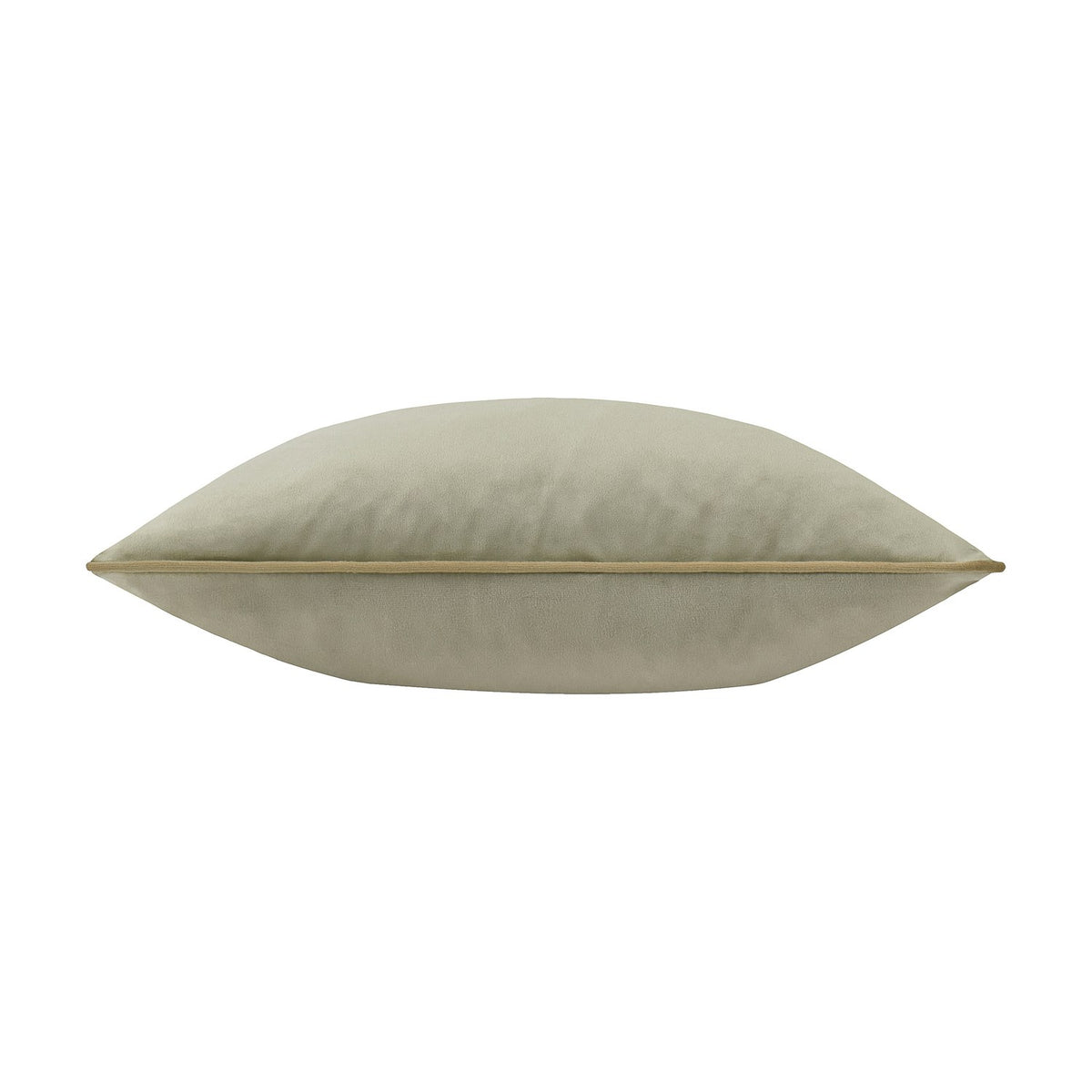 Meridian Plain Velvet Cushion in sage green, shown side-on with contrasting golden piped trim along the edge, on a plain white background.