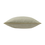 Meridian Plain Velvet Cushion in sage green, shown side-on with contrasting golden piped trim along the edge, on a plain white background.
