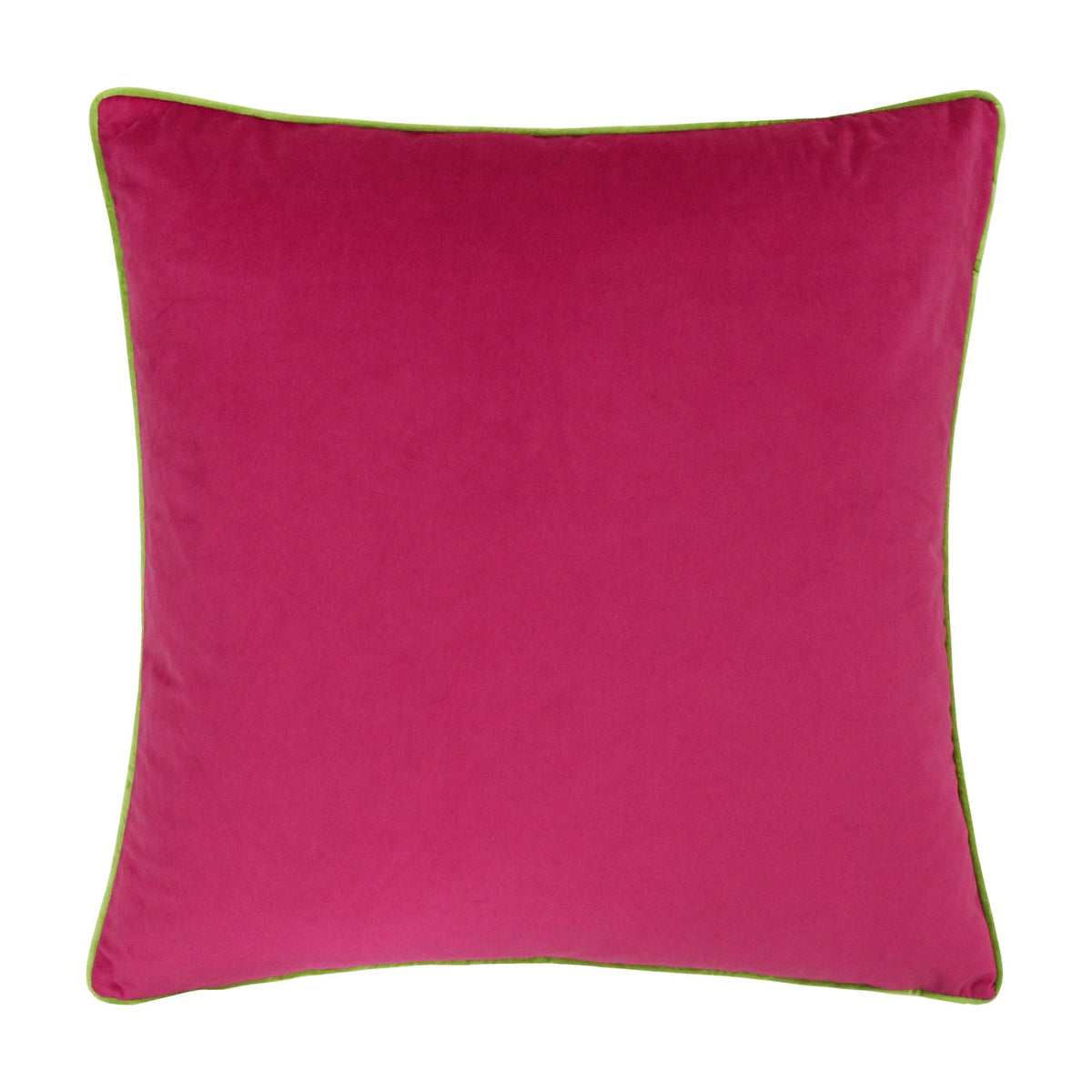 Meridian Plain Velvet Cushion in hot pink with a contrasting lime green piped edge, square shape, shown on a plain white background.