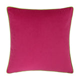 Meridian Plain Velvet Cushion in hot pink with a contrasting lime green piped edge, square shape, shown on a plain white background.