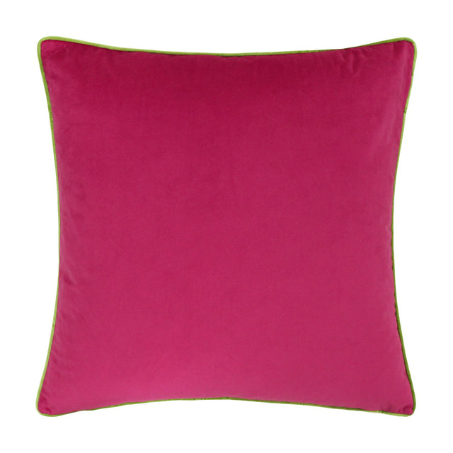 Meridian Plain Velvet Cushion in hot pink with a contrasting lime green piped edge, square shape, shown on a plain white background.