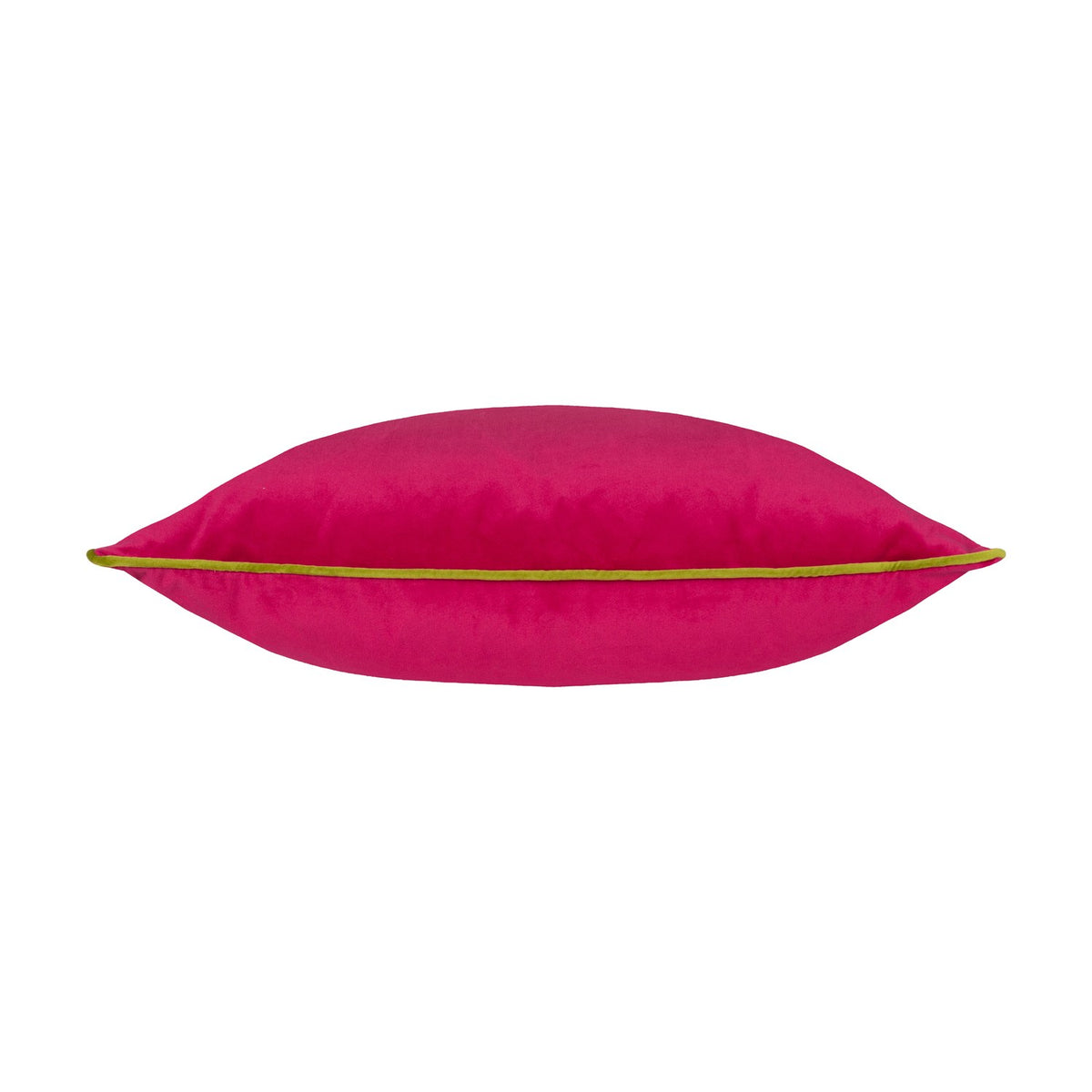 Meridian Plain Velvet Cushion in hot pink with a contrasting lime green piped edge, shown lying flat on a plain white background.