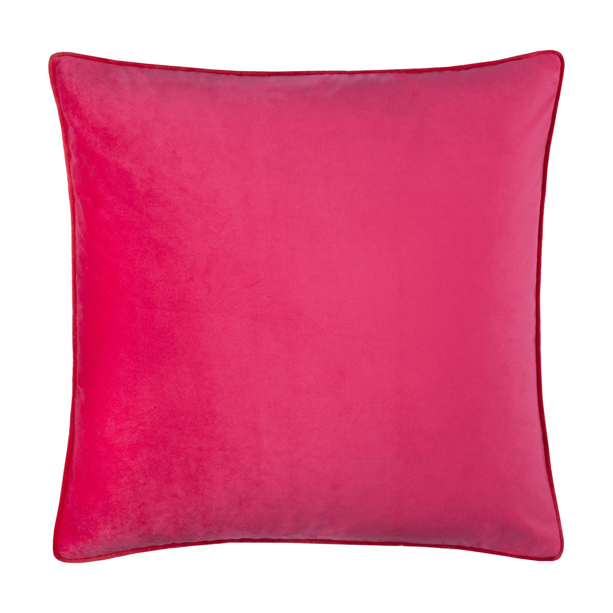 Square Meridian velvet scatter cushion in hot pink with a contrasting red piped edge trim, shown against a plain white background.