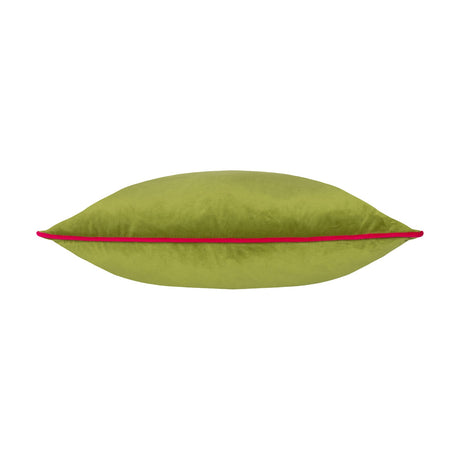 Meridian Plain Velvet Cushion in lime green velvet with a contrasting hot pink piped edge, shown side-on on a plain white background.