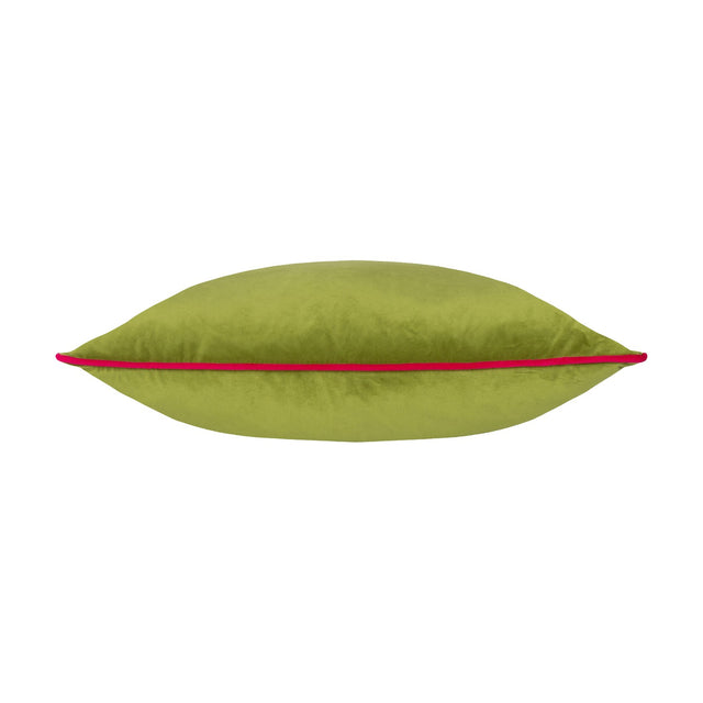 Meridian Plain Velvet Cushion in lime green velvet with a contrasting hot pink piped edge, shown side-on on a plain white background.