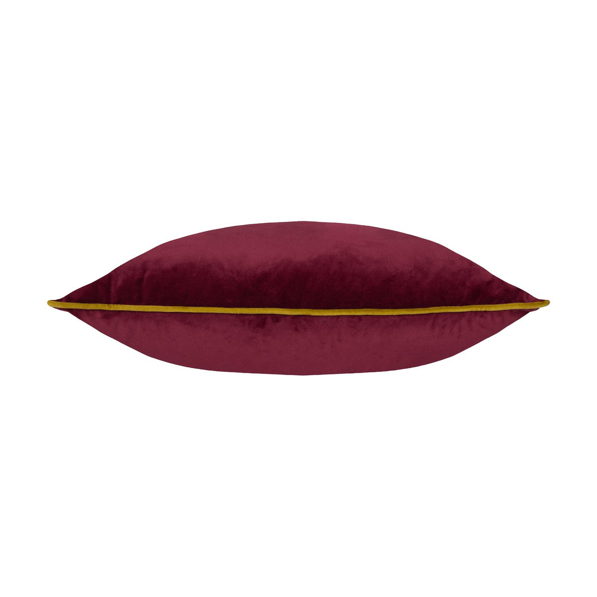 Meridian Plain Velvet Cushion in maroon with a contrasting moss green piped edge, shown side-on to display its plump, square velvet form on a plain white background.