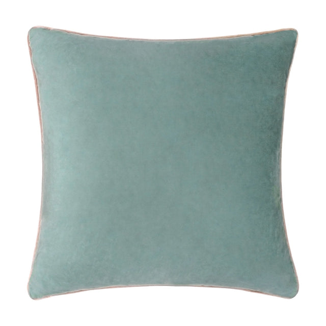 Meridian Plain Velvet Cushion in mineral blue with contrasting blush pink piped edge, square velvet design shown on a plain white background.