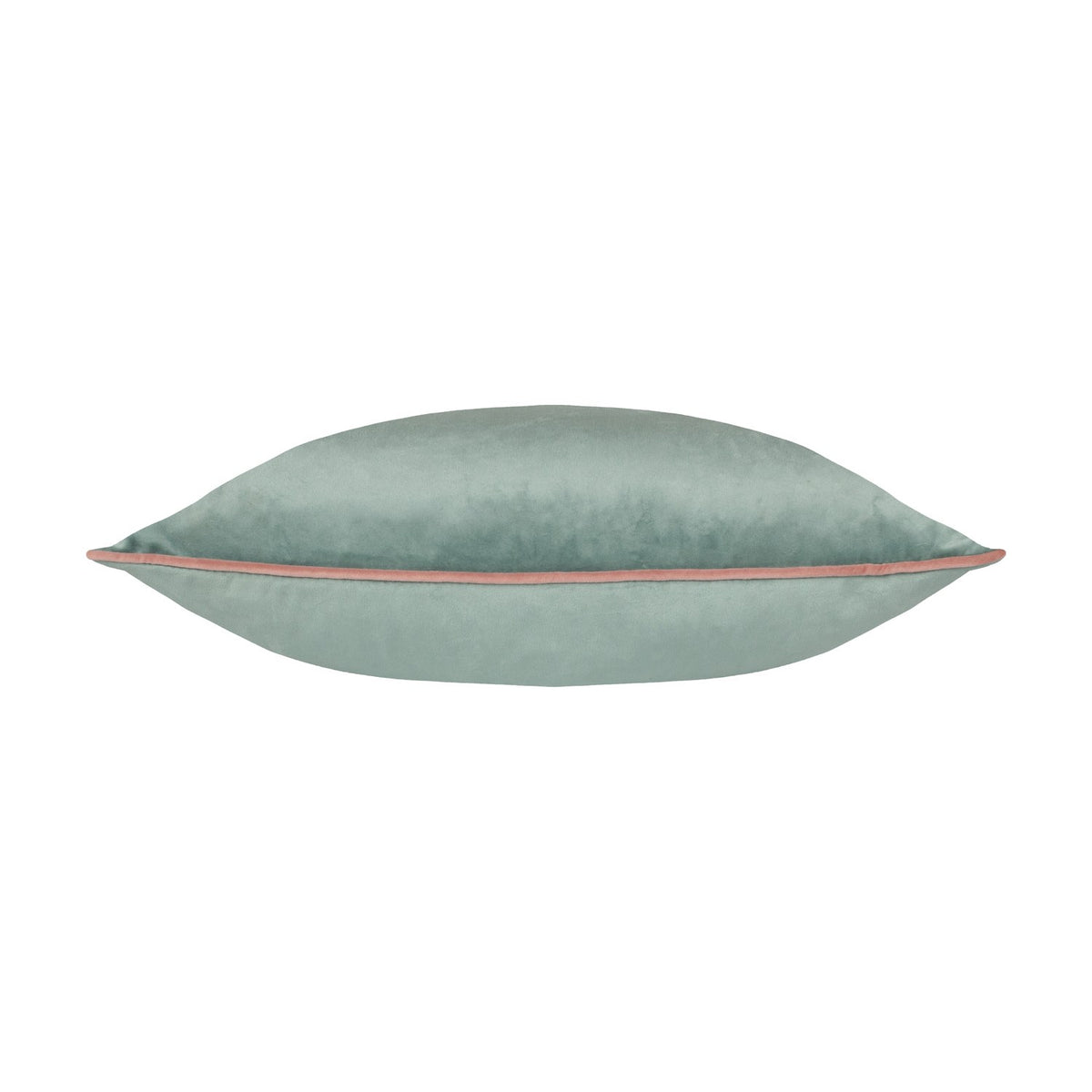 Meridian Plain Velvet Cushion in mineral blue with contrasting blush pink piped edge, shown side-on against a plain white background.