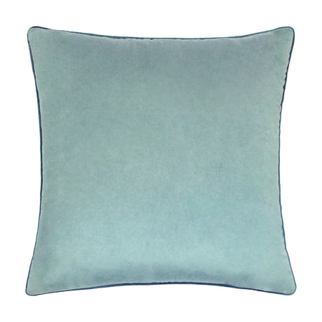 Meridian Plain Velvet Cushion in mineral blue with contrast teal piped edging, square shape, shown on a plain white background.