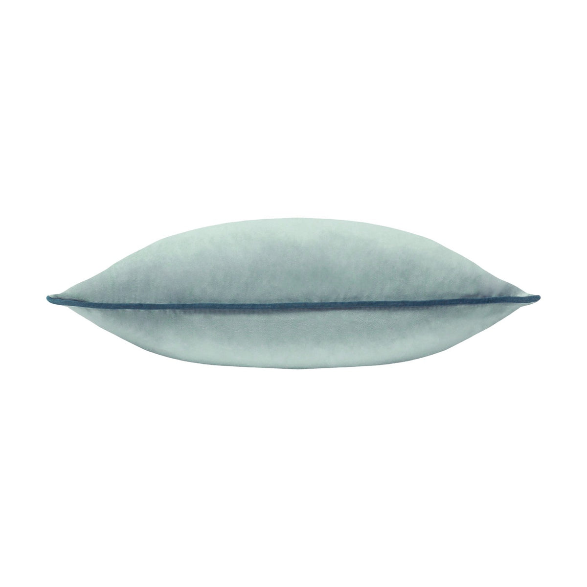 Meridian Plain Velvet Cushion in mineral blue, shown side-on to display its plump square shape with teal piped edging, on a plain white background.