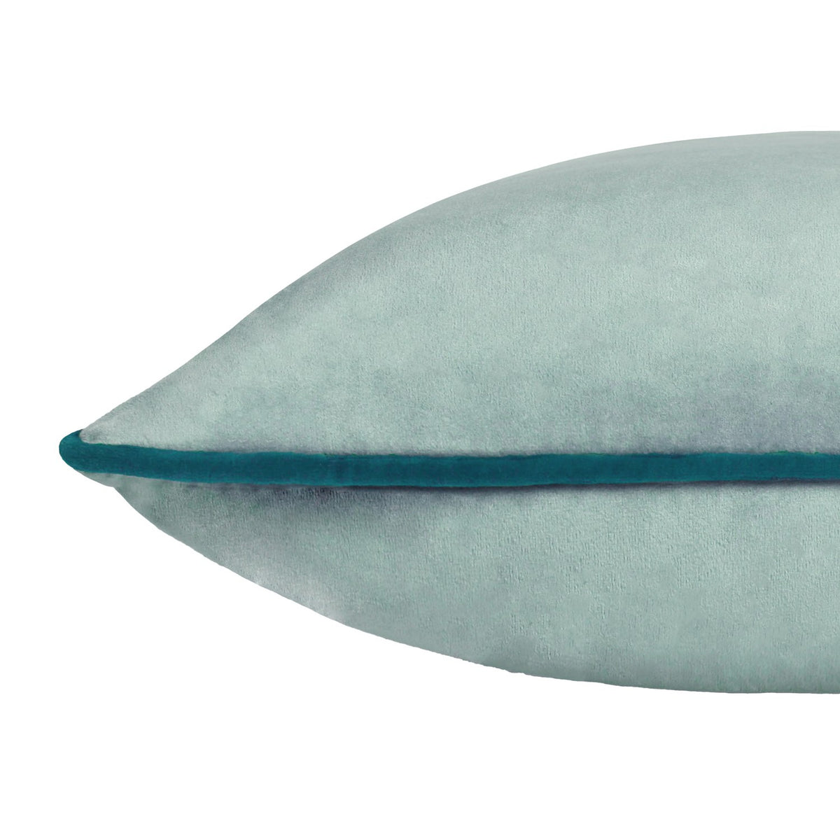 Close-up of the Meridian Plain Velvet Cushion in mineral blue, showing dense velvet texture and a teal piped edge trim against a plain white background.