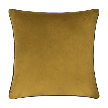 Meridian Plain Velvet Cushion in mustard-gold velvet with contrasting grey piped edges, shown against a plain white background.