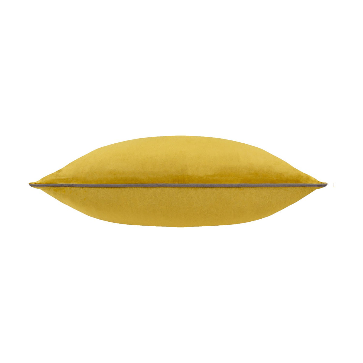 Meridian Plain Velvet Cushion in mustard-yellow with contrasting grey piping along the edges, shown side-on against a plain white background.