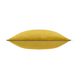 Meridian Plain Velvet Cushion in mustard-yellow with contrasting grey piping along the edges, shown side-on against a plain white background.