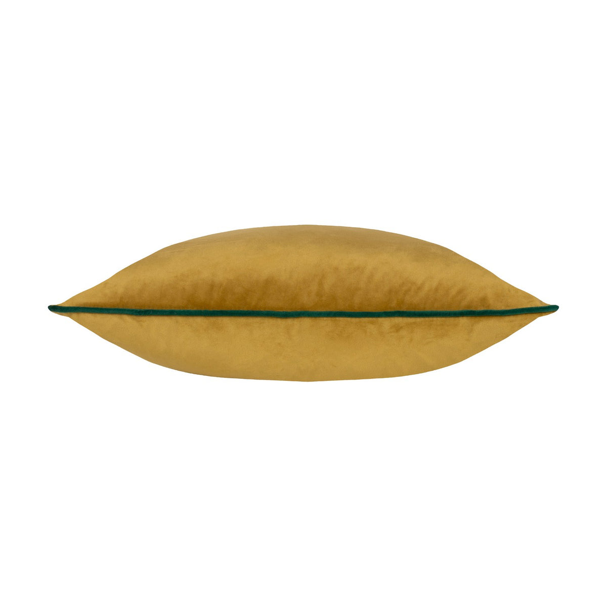 Side view of the Meridian Plain Velvet Cushion in mustard-gold velvet with contrasting emerald green piping along the edge, shown on a plain white background.