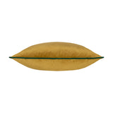 Side view of the Meridian Plain Velvet Cushion in mustard-gold velvet with contrasting emerald green piping along the edge, shown on a plain white background.