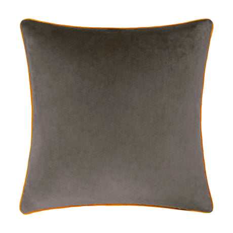 Meridian Plain Velvet Cushion in mocha brown with contrasting pumpkin orange piped edge, square 45 x 45cm design shown on a plain white background.