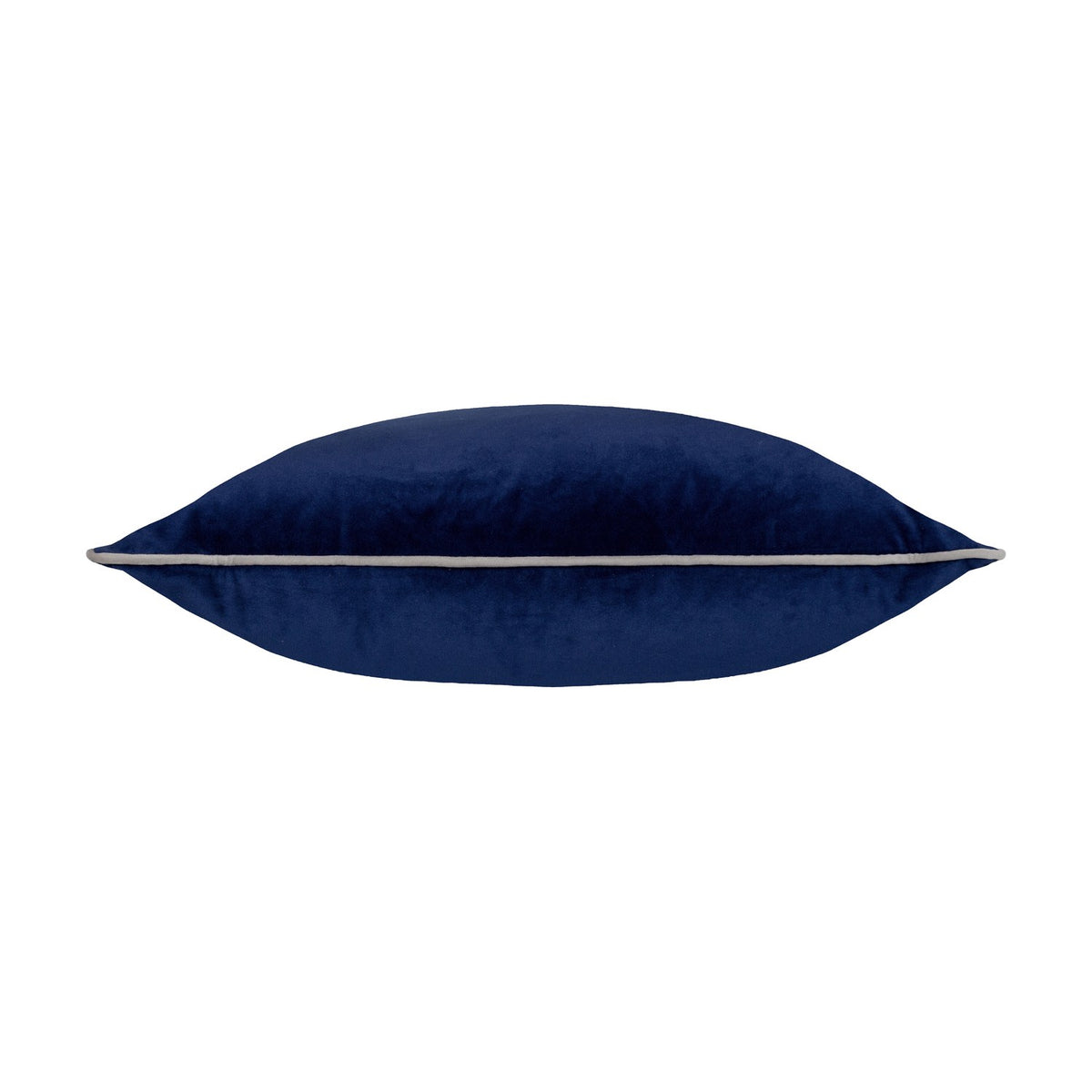Meridian Plain Velvet Cushion in navy blue with silver-grey piped edging, shown side-on against a plain white background.