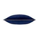 Meridian Plain Velvet Cushion in navy blue with silver-grey piped edging, shown side-on against a plain white background.