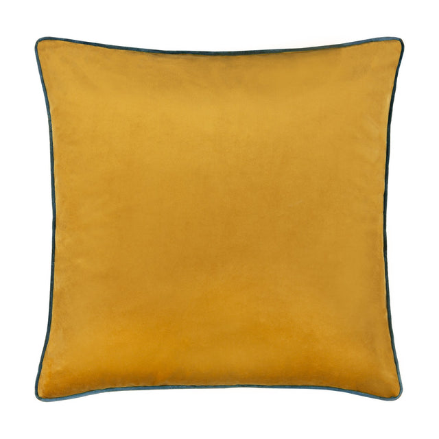 Meridian Plain Velvet Cushion in ochre with a contrasting teal piped edge trim, square shape, soft-touch velvet finish, shown on a plain white background.
