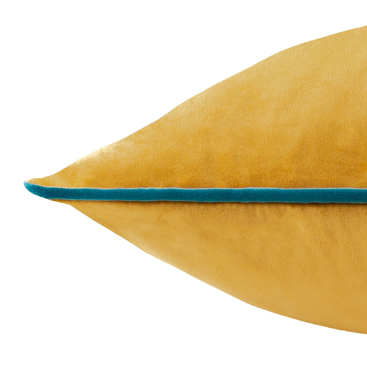 Close-up of the Meridian ochre velvet cushion's pointed corner, showing soft-touch pile and contrasting teal piped trim, on a plain white background.