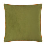 Meridian Plain Velvet Cushion in olive green with contrasting ginger piped trim around the edge, shown on a plain white background.
