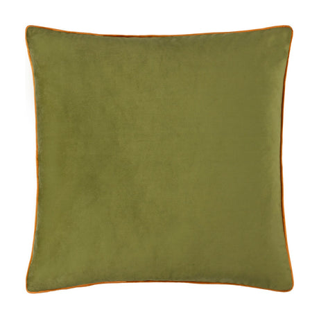 Meridian Plain Velvet Cushion in olive green with contrasting ginger piped trim around the edge, shown on a plain white background.