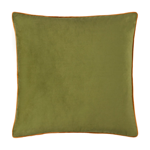 Meridian Plain Velvet Cushion in olive green with contrasting ginger piped trim around the edge, shown on a plain white background.