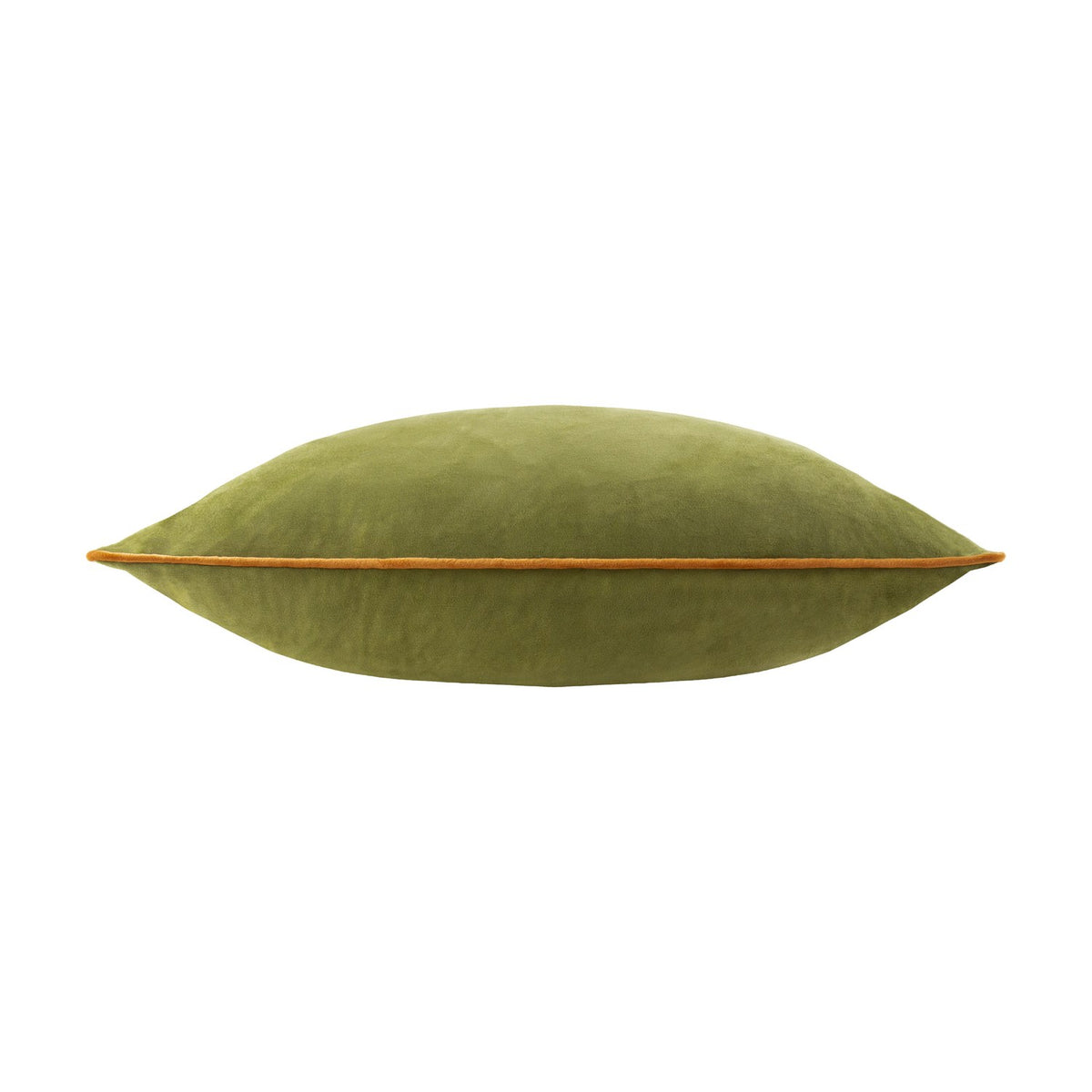 Meridian Plain Velvet Cushion in olive green velvet with a contrasting ginger piped edge, shown side-on on a plain white background.