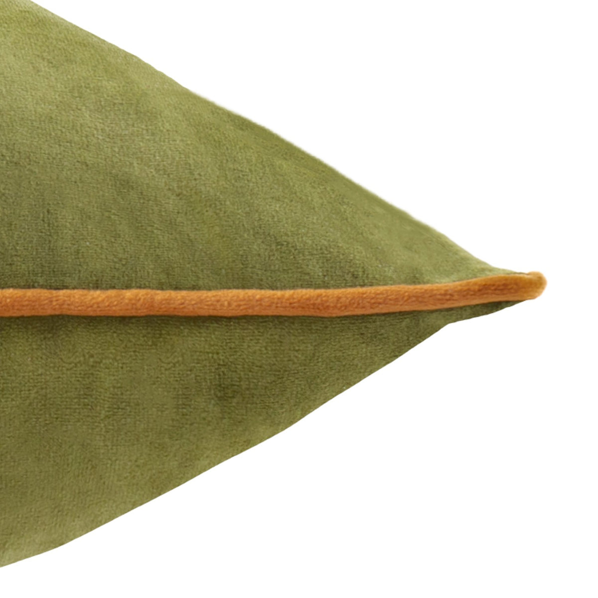 Close-up of the Meridian Plain Velvet Cushion in olive green with contrasting ginger piped trim along the edge, shown on a plain white background.