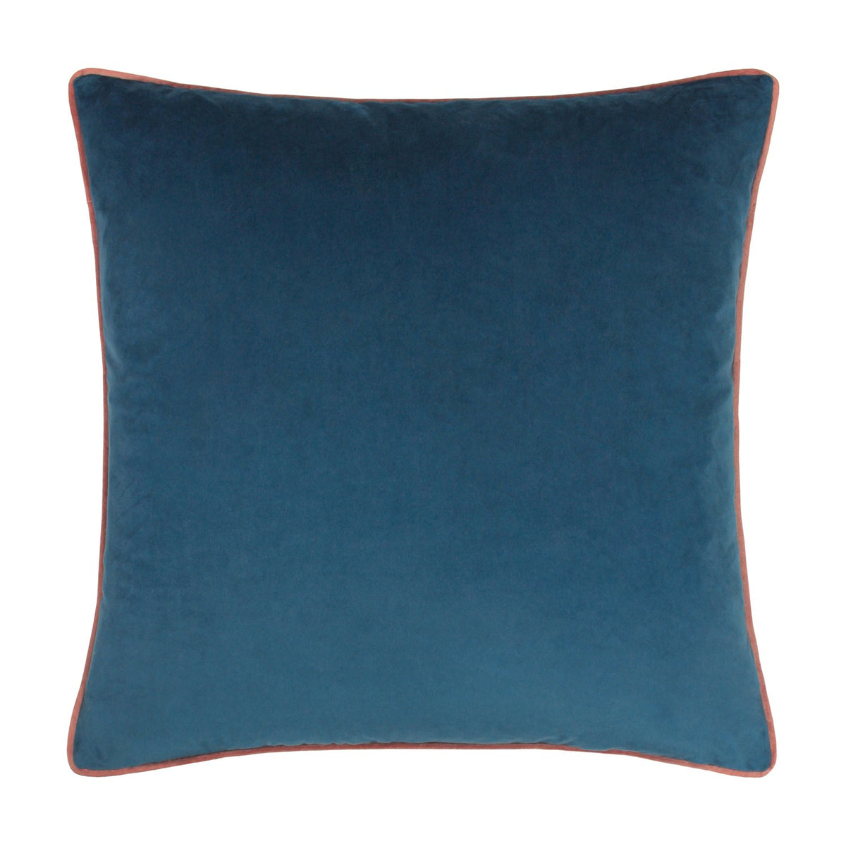 Meridian Plain Velvet Cushion in petrol blue with contrasting blush pink piped edge, square velvet design shown on a plain white background.