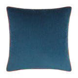 Meridian Plain Velvet Cushion in petrol blue with contrasting blush pink piped edge, square velvet design shown on a plain white background.