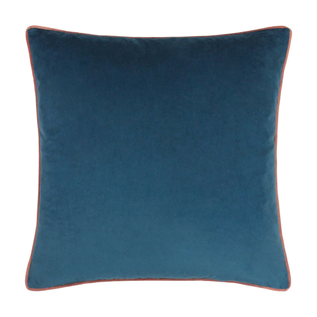 Meridian Plain Velvet Cushion in petrol blue with contrasting blush pink piped edge, square velvet design shown on a plain white background.
