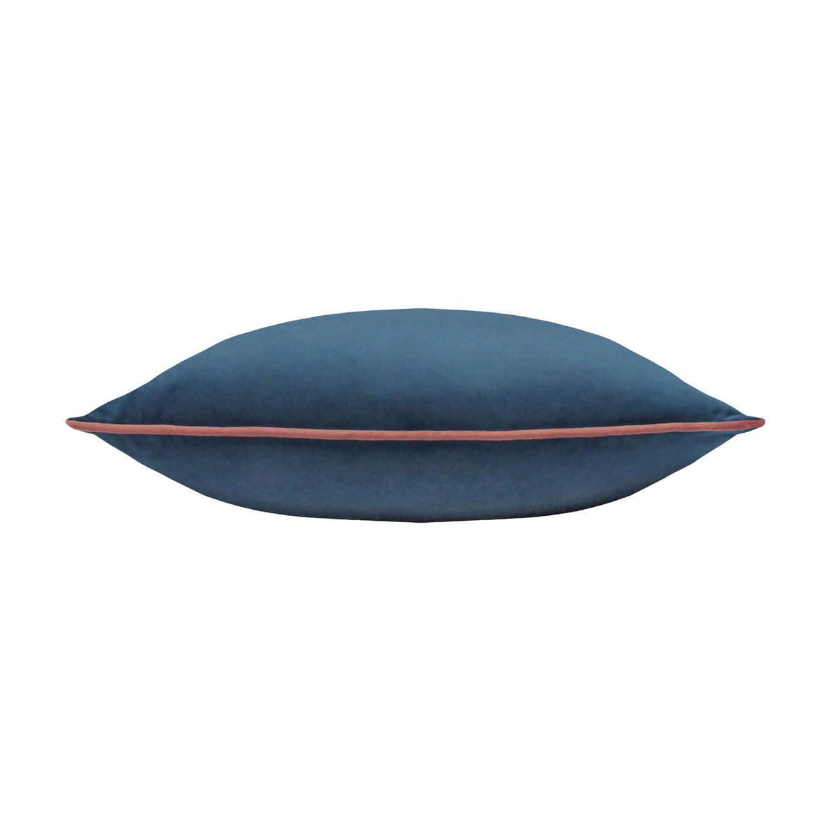 Meridian Plain Velvet Cushion in petrol blue with a contrasting blush pink piped edge, shown side-on on a plain white background.
