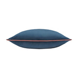 Meridian Plain Velvet Cushion in petrol blue with a contrasting blush pink piped edge, shown side-on on a plain white background.