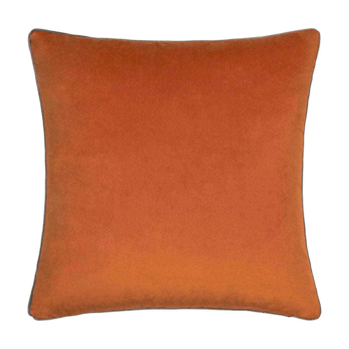 Meridian Plain Velvet Cushion in burnt pumpkin orange, square 45x45cm with mocha brown piped edge, shown on a plain white background.