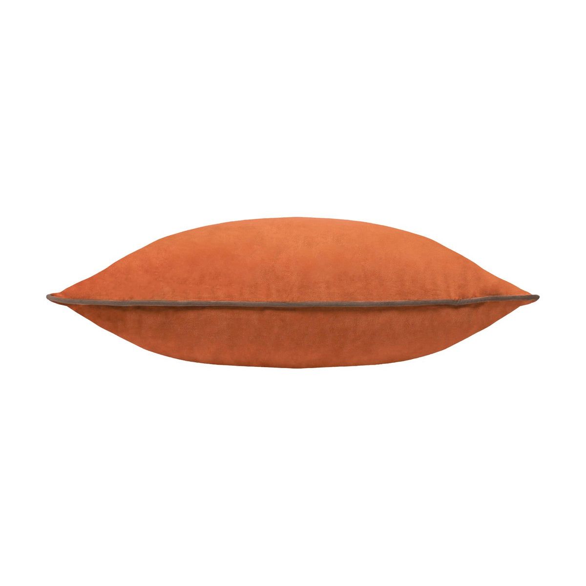 Meridian Plain Velvet Cushion in burnt pumpkin orange, square shape with contrasting mocha brown piped edge, shown side-on on a plain white background.