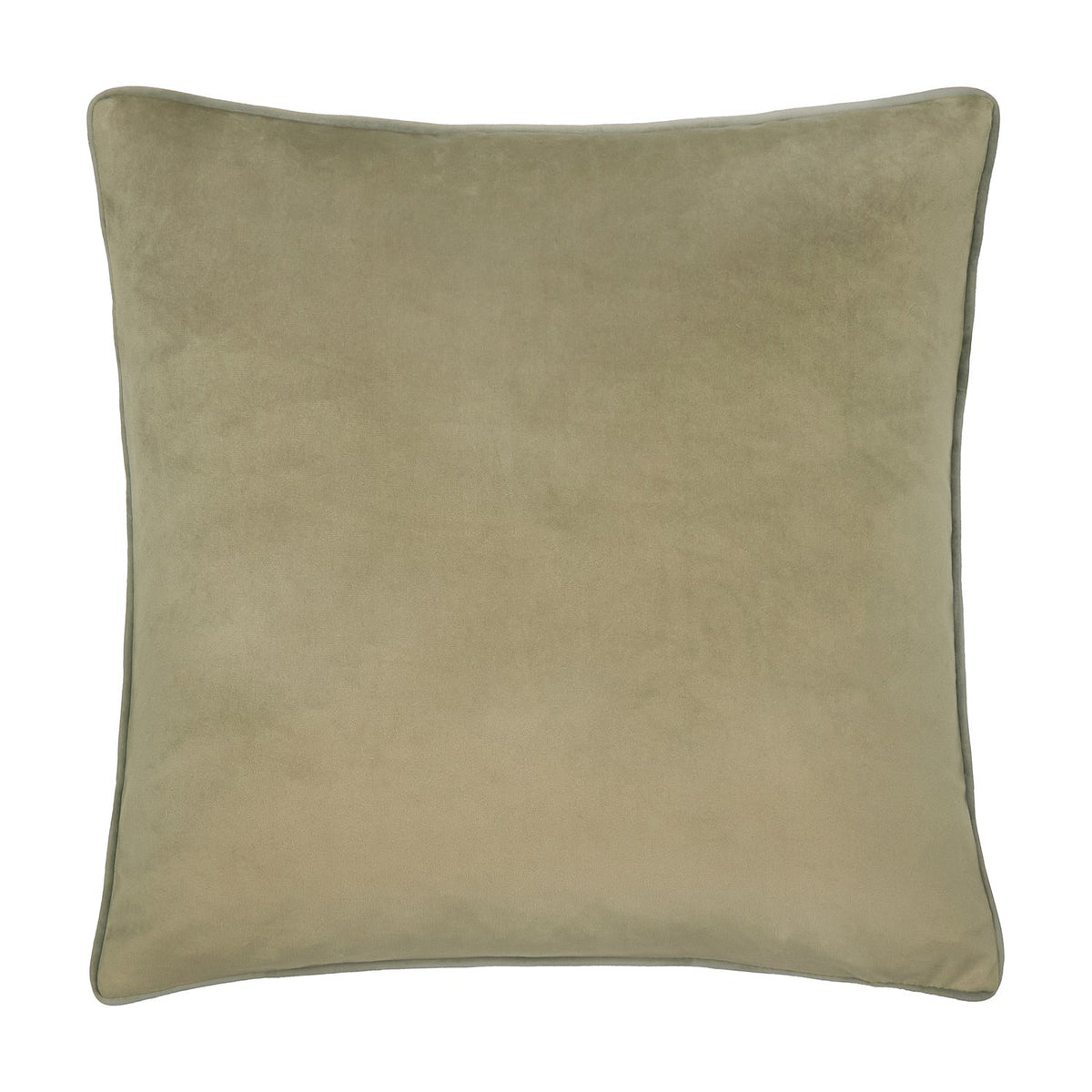 Meridian Plain Velvet Cushion in sage green, square with contrasting piped edge trim, shown against a plain white background.